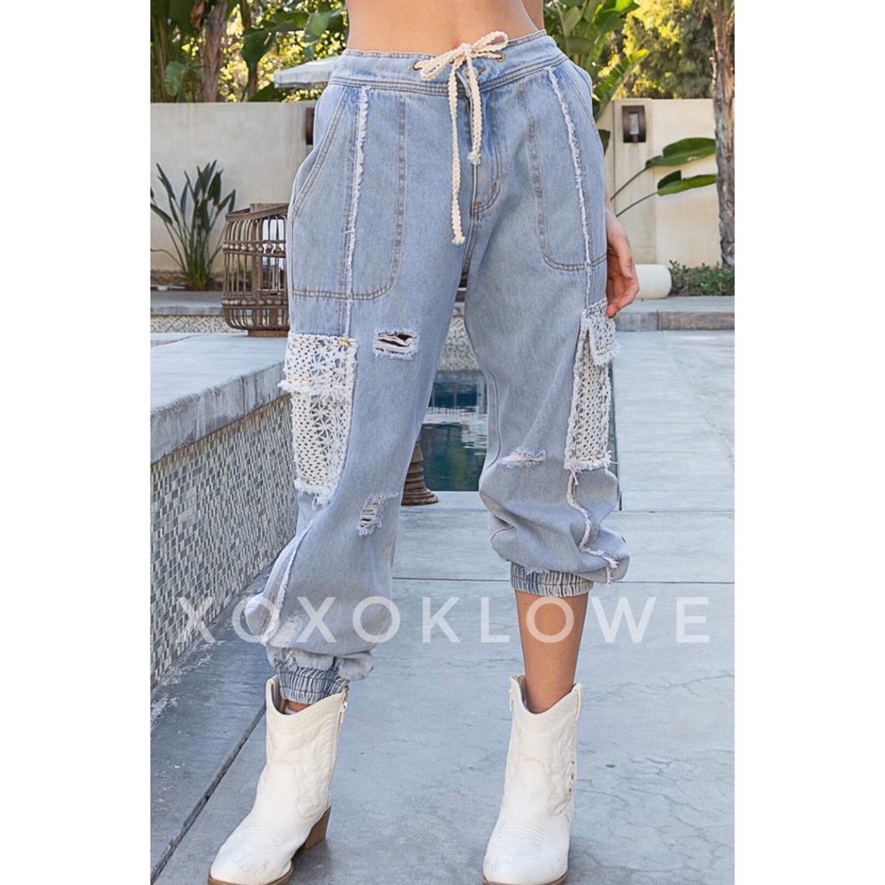 LAST ONE POL Slouchy Denim Jogger Jeans Lace Pockets Distressed - Picture 6 of 16